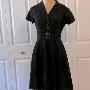 Talbots- Black Linen Shirtwaist Dress- Belt- Short Sleeves- Full Skirt-8P